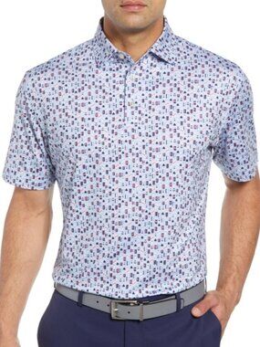 Peter Millar Forest Creek Blue Beer Can/Bottle Pattern Golf Polo EUC Size M